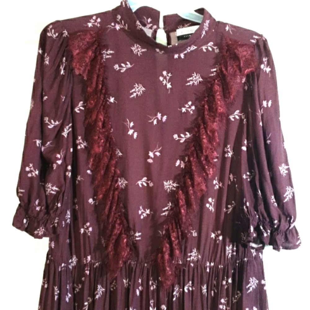 Eloquii Elements Maroon Pink Print Peasant Boho Dress